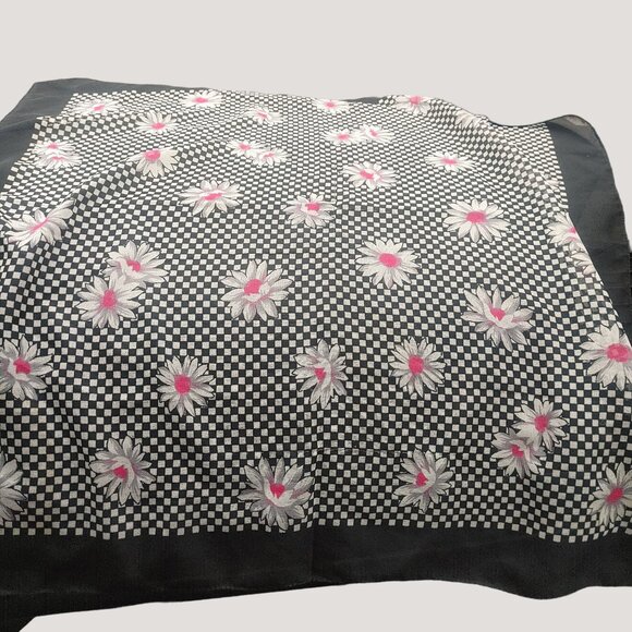Elaine Gold Black White Checkered Floral Print Scarf 100% Polyester Made Italy - Picture 2 of 9